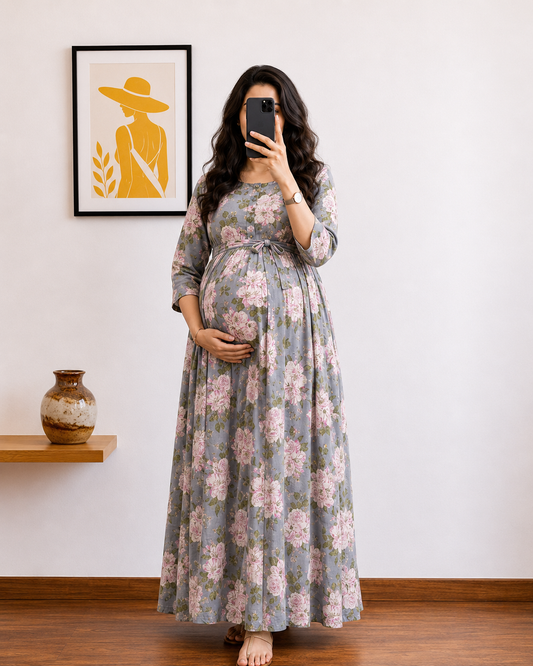 Exotic Flower - Sky Blue - Maternity Dress with Feeding Zips - Pure Cotton