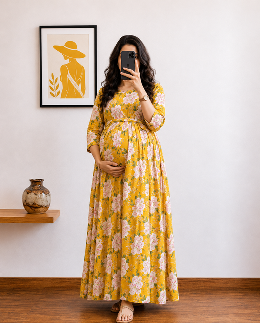Exotic Yellow - Maternity Dress with Feeding Zips - Pure Cotton