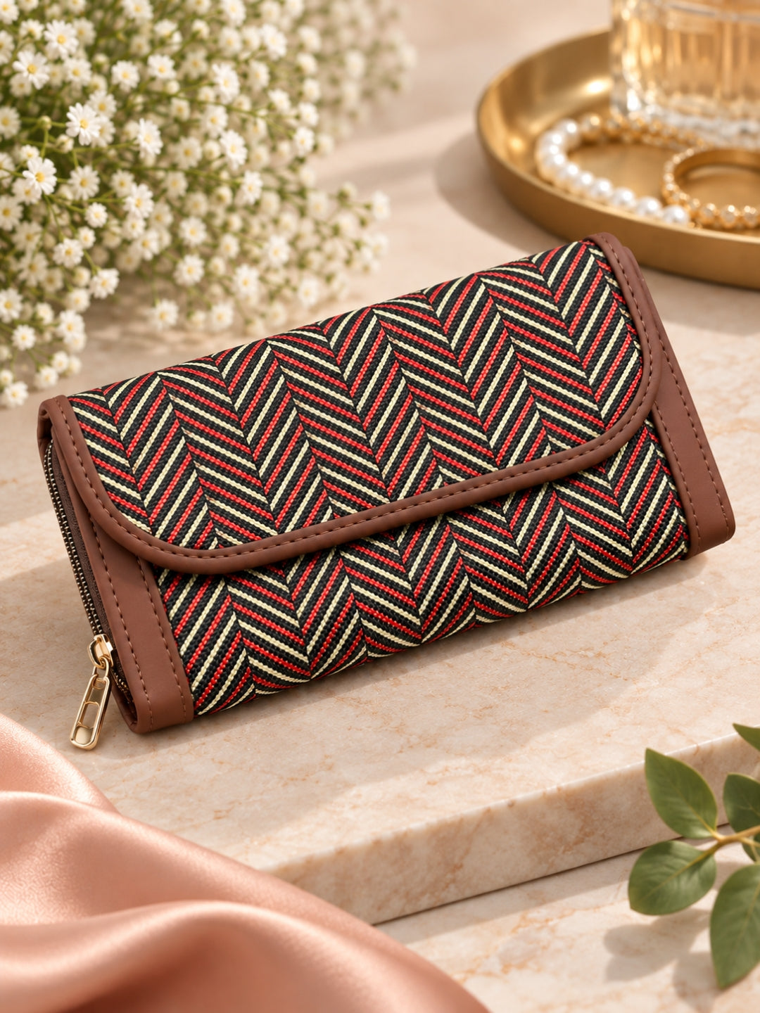 Black Maroon Wave - 2 pockets  - Trendy & Beautiful Womens Wallet