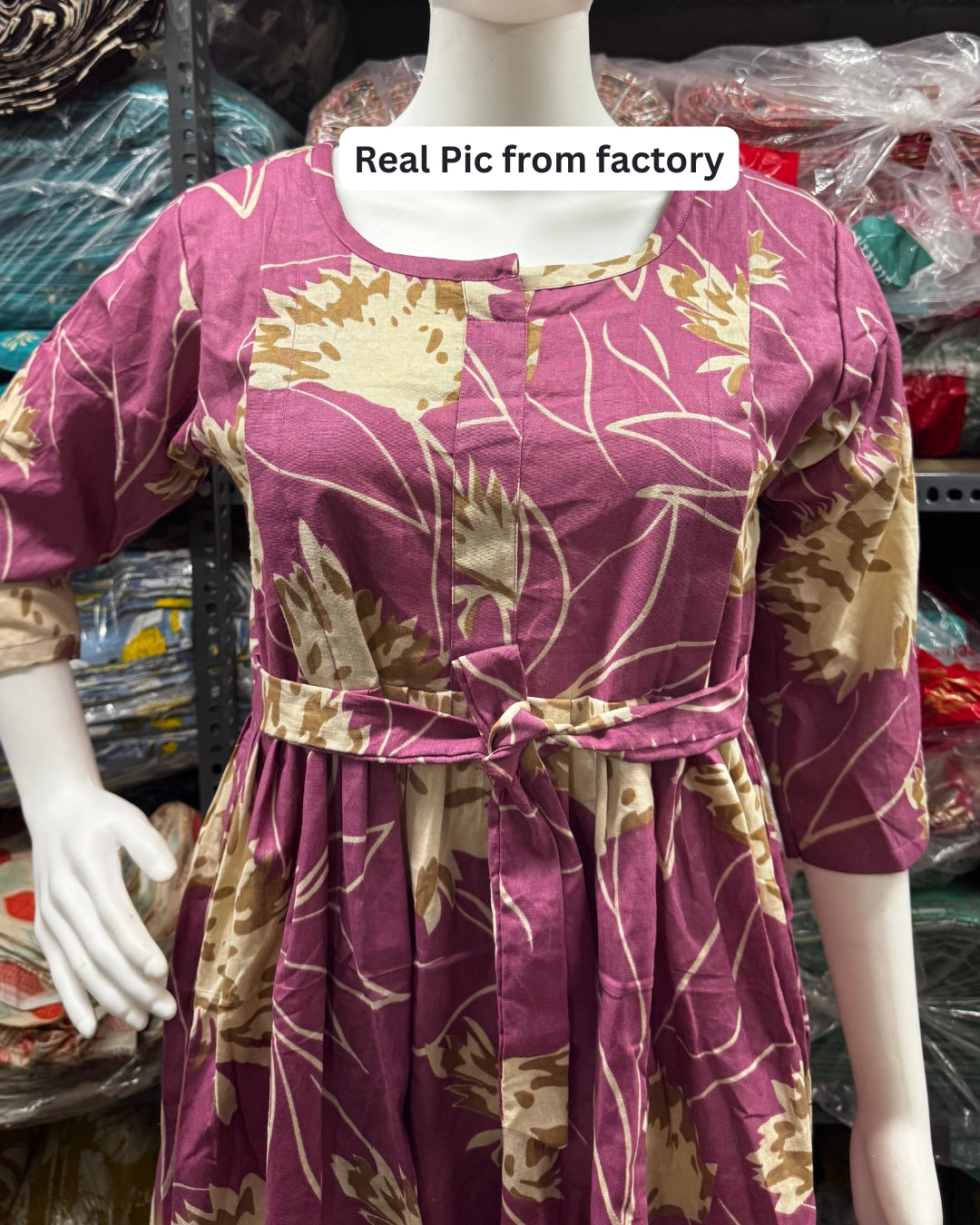 Pink Cream Flower - Maternity Kurti with Feeding Zips - Cotton Flex - Thicker Fabric