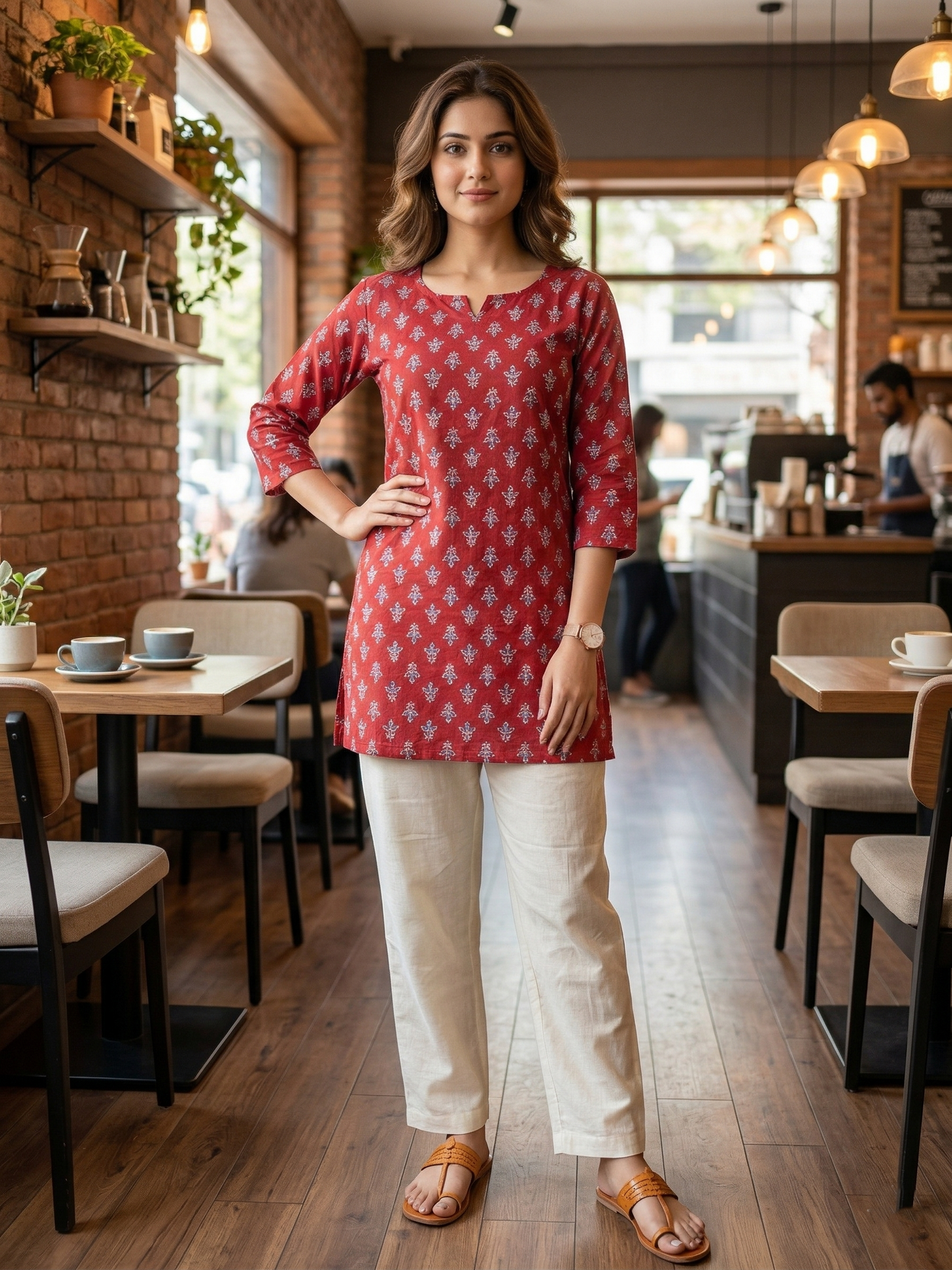 Red Blue Flower Print  - Cord Set - White Pant - Pure Cotton