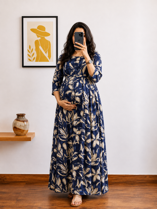 Jasmine Blue - Maternity Dress with Feeding Zips - Soft Rayon