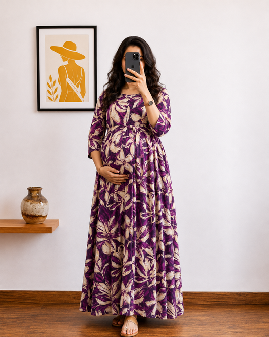 Jasmine Purple - Maternity Dress with Feeding Zips - Soft Rayon