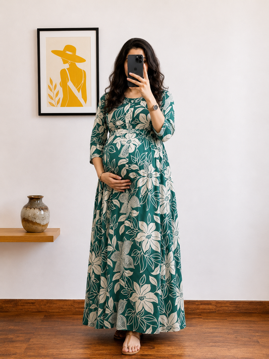 Lily Flower Sea Green - Maternity Kurti with Feeding Zips - Soft Rayon