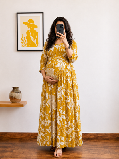 Lily Yellow - Maternity Dress with Feeding Zips - Soft Rayon