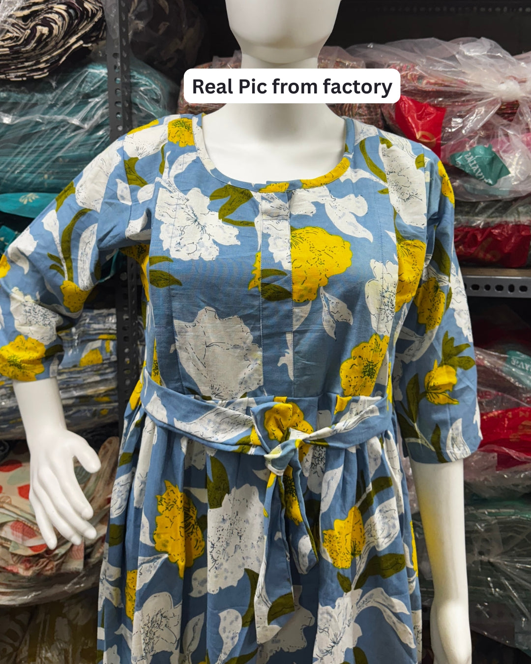 Mix Flower Sky Blue - Maternity Kurti with Feeding Zips - Cotton Flex - Thicker Fabric