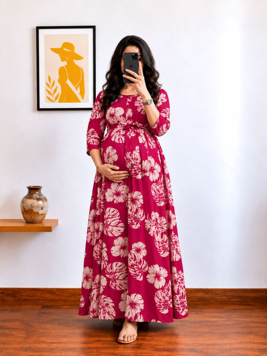 Swiss Cheese Pink - Maternity Kurti with Feeding Zips - Cotton Flex - Thicker Fabric