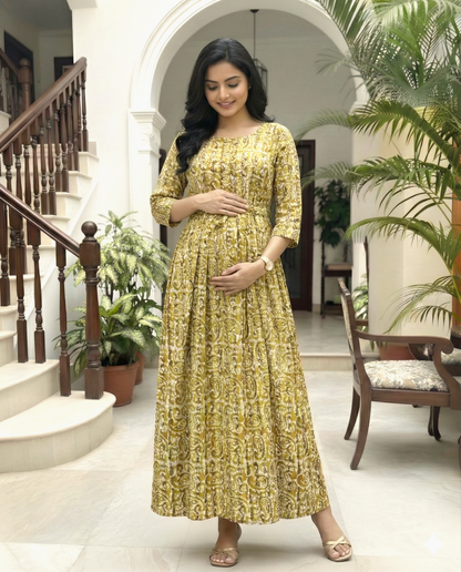 Yellow Keri - Maternity Kurti with Feeding Zips - Cotton Flex - Thicker Fabric