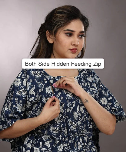 Kaftan - Indigo Fine Print - Maternity / Feeding Zips - Soft Cotton Kaftan - Free Size