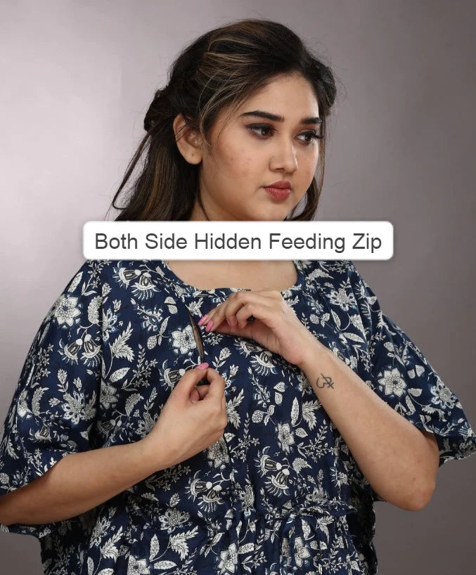 Maroon Blue Flower - Maternity Kaftan - Free Size - Pure Cotton