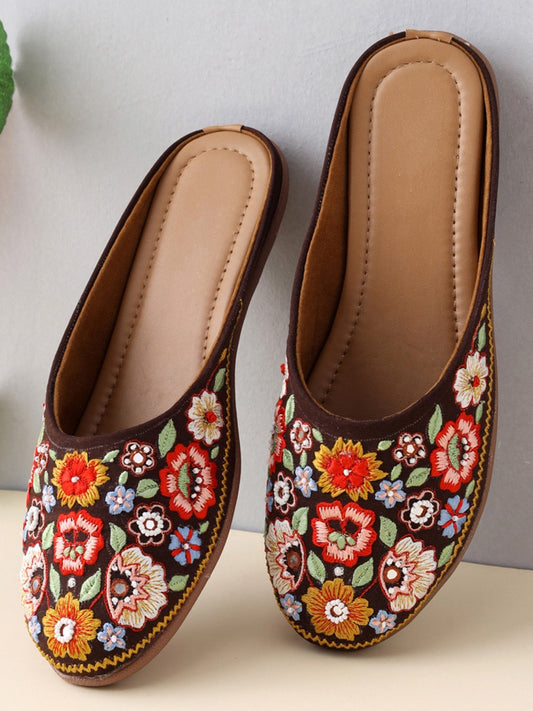 Women Brown Printed Canvas Ethnic Flats