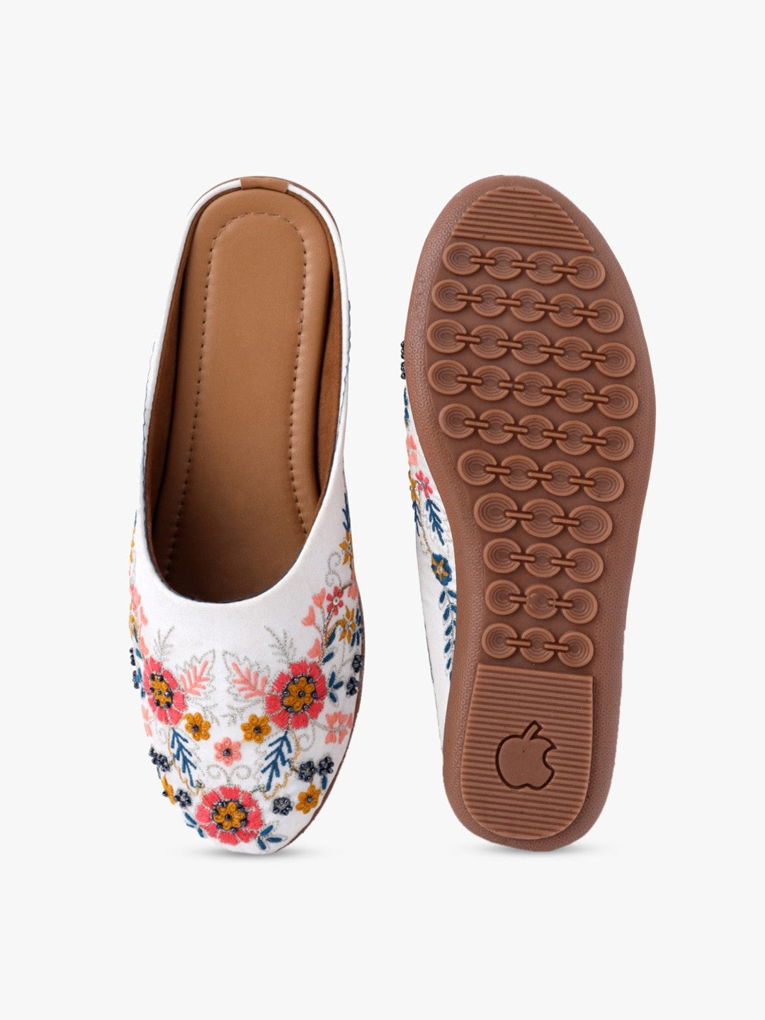 Women White Ethnic Floral Embroidered Canvas Flats Mules