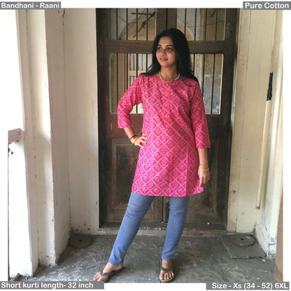 Bandhani Short  Kurti  - Raani Colour - Pure Cotton