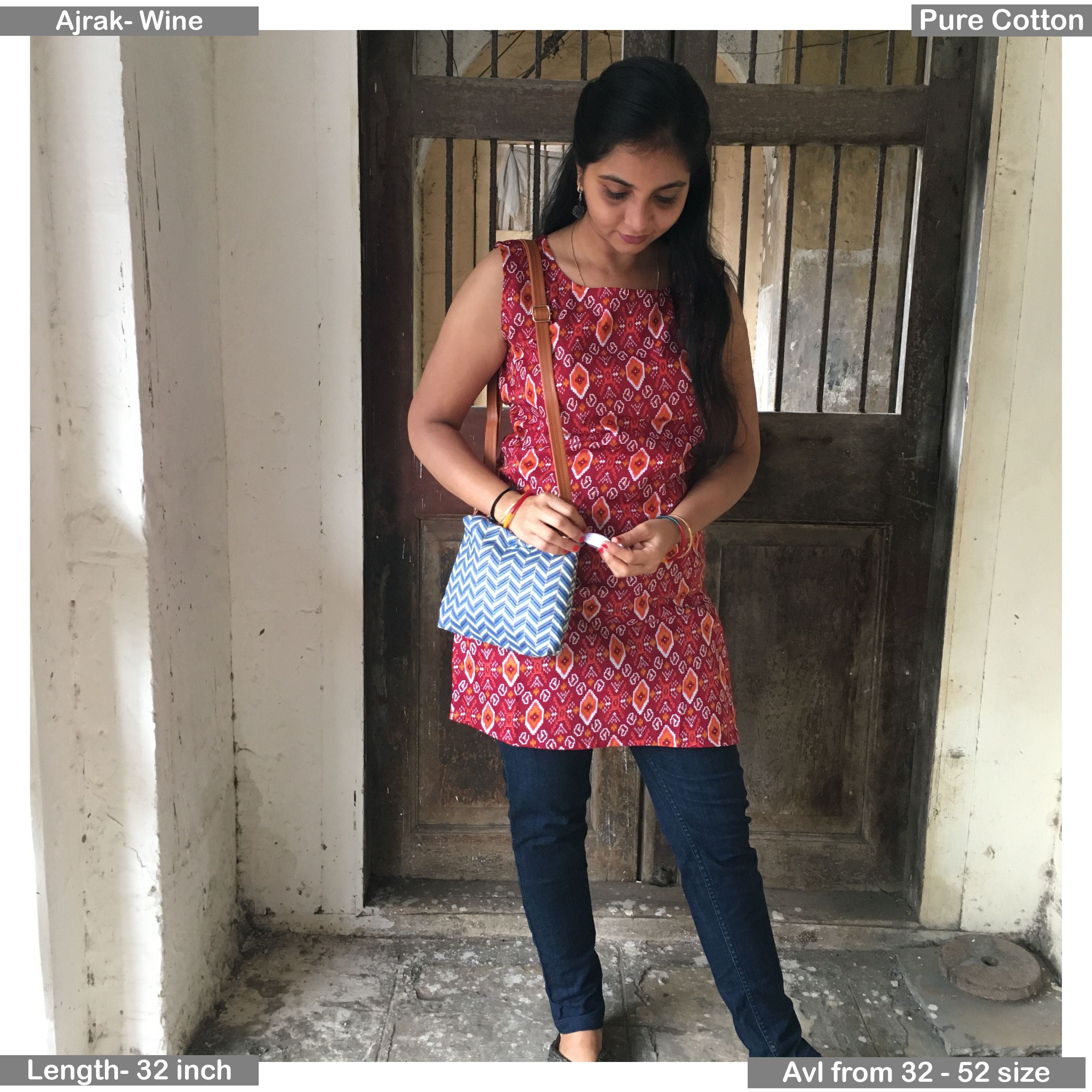 Womens Cotton Printed Short Top Kurti Sleeveless With Contrast Placket   ShalinIndia