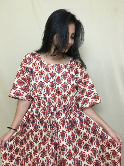 Kaftan - Cream Red  - Maternity / Feeding Zips -  Soft Cotton Kaftan - Free Size