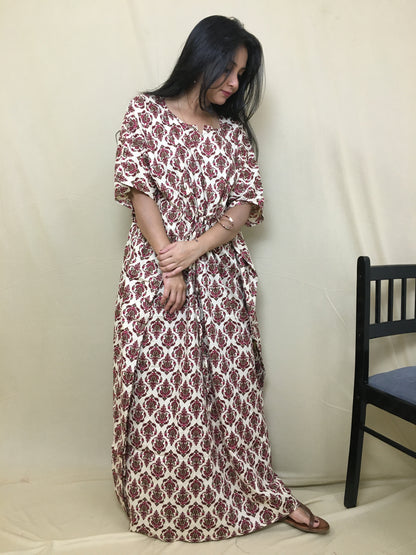 Kaftan - Flower Cream Maroon Colour - Maternity / Feeding Zips -  Soft Cotton - Free Size