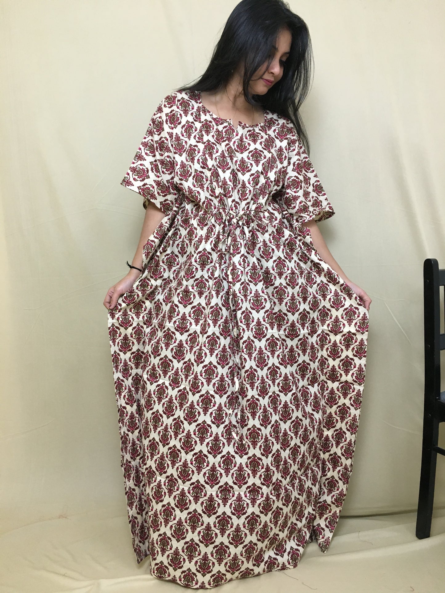Kaftan - Flower Cream Maroon Colour - Maternity / Feeding Zips -  Soft Cotton - Free Size