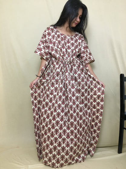 Kaftan - Flower Cream Maroon Colour - Maternity / Feeding Zips -  Soft Cotton - Free Size