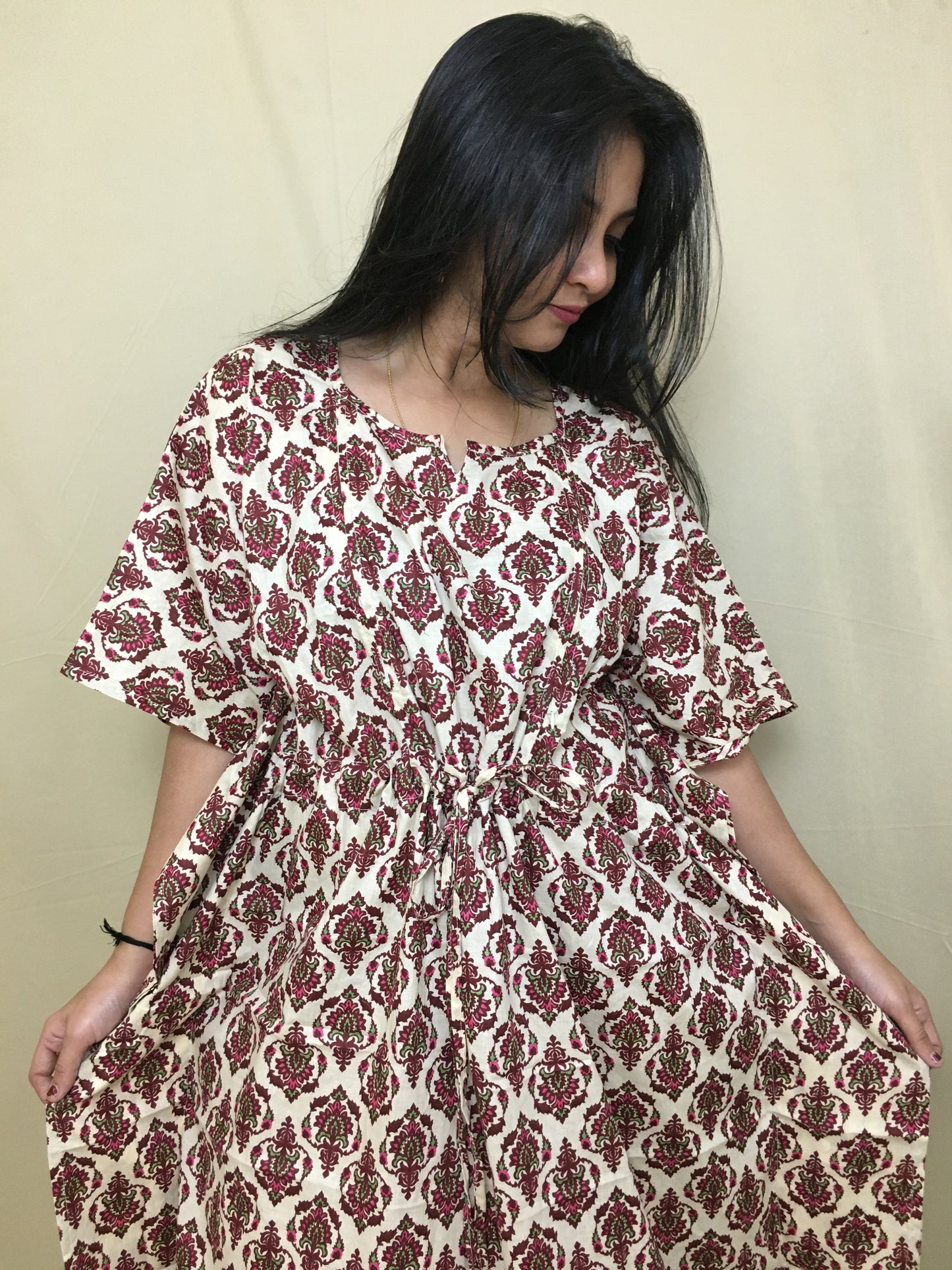 Kaftan - Flower Cream Maroon Colour - Maternity / Feeding Zips -  Soft Cotton - Free Size