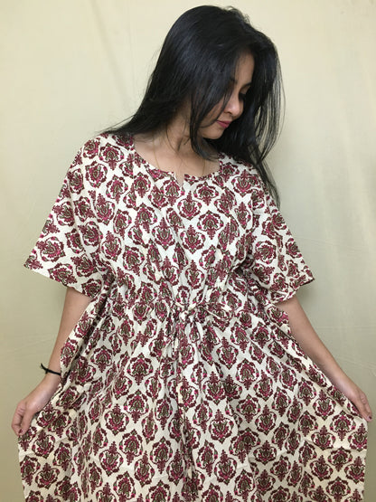 Kaftan - Flower Cream Maroon Colour - Maternity / Feeding Zips -  Soft Cotton - Free Size