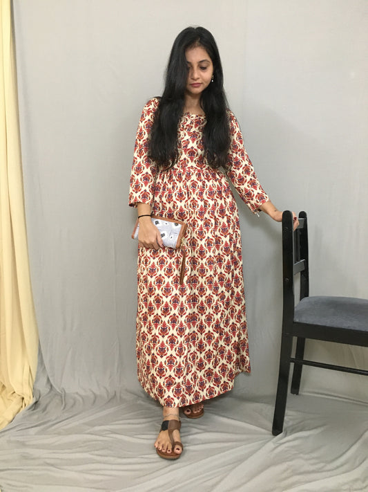 Cream Red Flower - Maternity Kurti with Feeding Zips