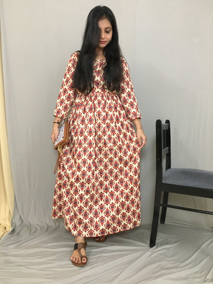 Cream Red Flower - Maternity Kurti with Feeding Zips
