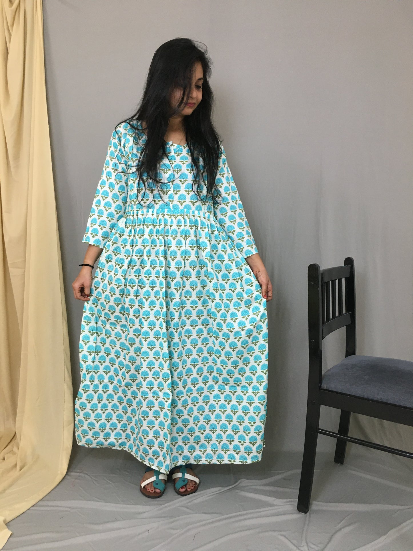 offwhite Sea Green Flower Print - Maternity Kurti with Feeding Zips