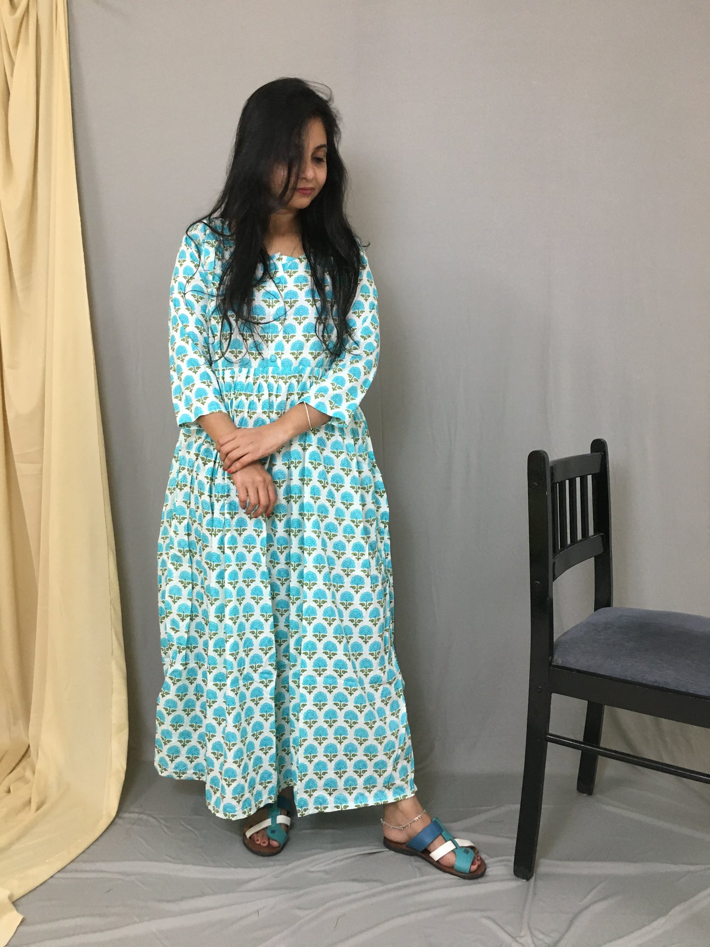 offwhite Sea Green Flower Print - Maternity Kurti with Feeding Zips