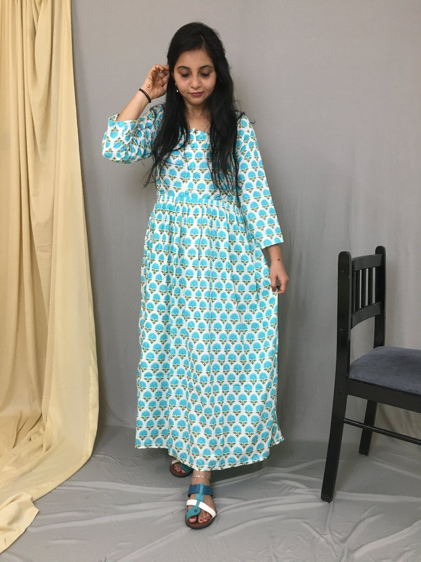 offwhite Sea Green Flower Print - Maternity Kurti with Feeding Zips