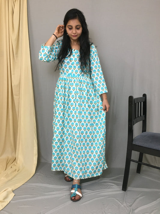 Offwhite Sea Green Flower Print - Maternity Kurti with Feeding Zips - Cambric Flex - Thicker Fabric