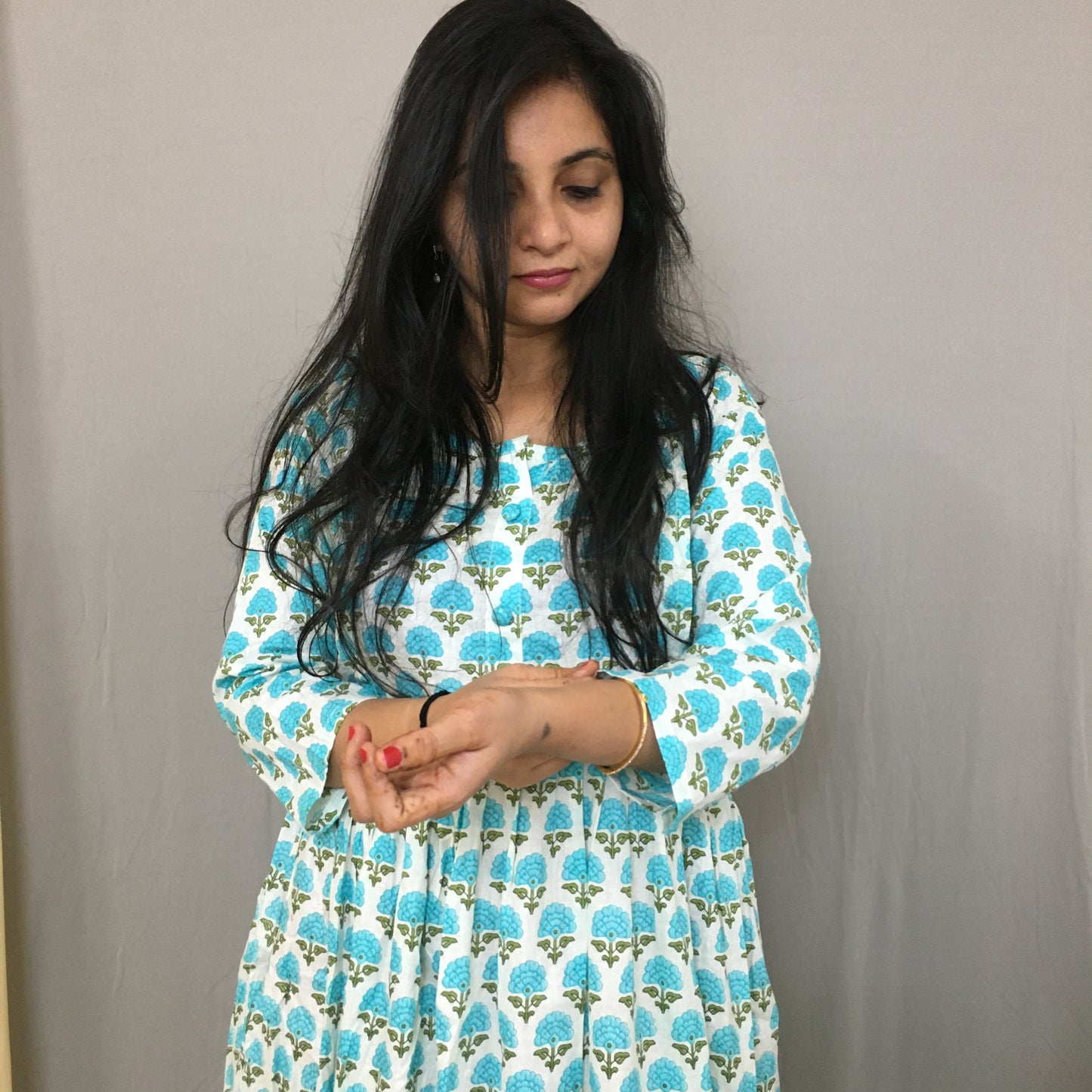 offwhite Sea Green Flower Print - Maternity Kurti with Feeding Zips