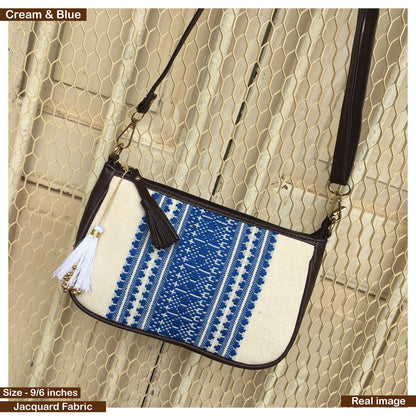 AMARA - Shoulder Bag Cum Sling - Cream & Blue African Print