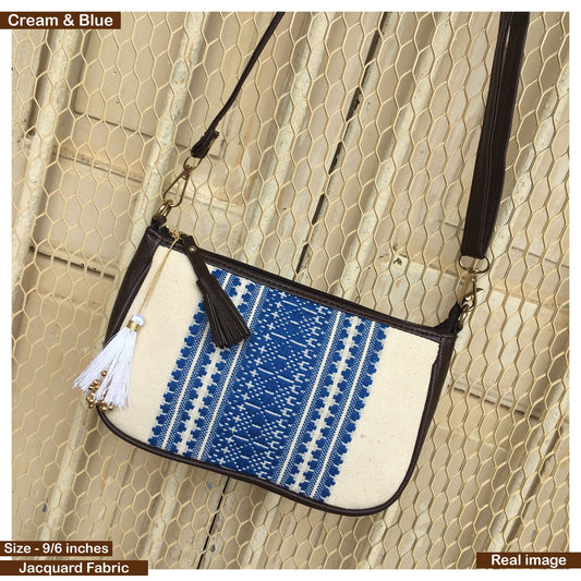 AMARA - Shoulder Bag Cum Sling - Cream & Blue African Print