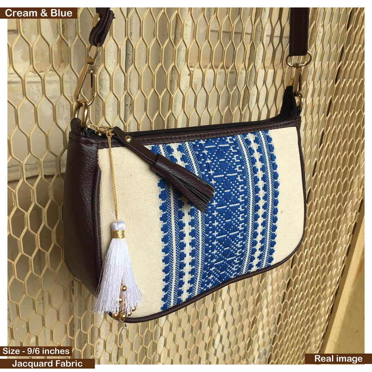 AMARA - Shoulder Bag Cum Sling - Cream & Blue African Print