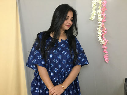 Kaftan - Blue Square Bandhani - Maternity Kaftan - Free Size - Cotton Cambric