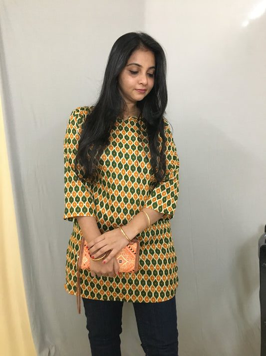 Green Orange Honey Print  Short  Kurti  - Pure Cotton