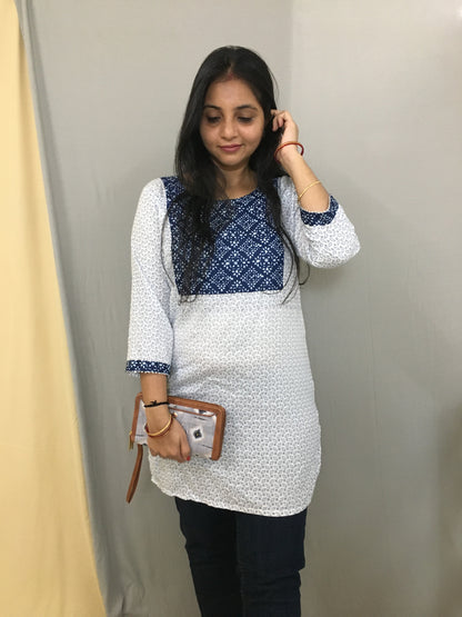 White Flowers Short length with  3/4 th Sleeves Kurti