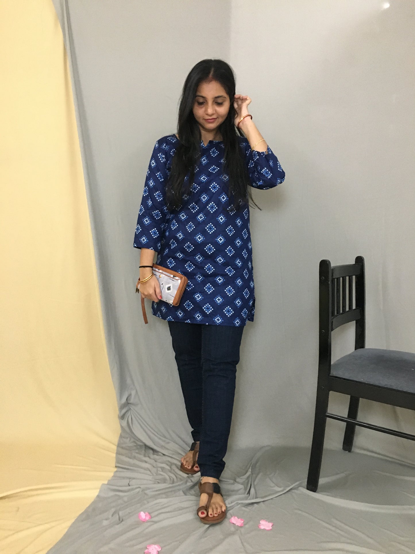 Blue Square Bandhani Short  Kurti  - Pure Cotton