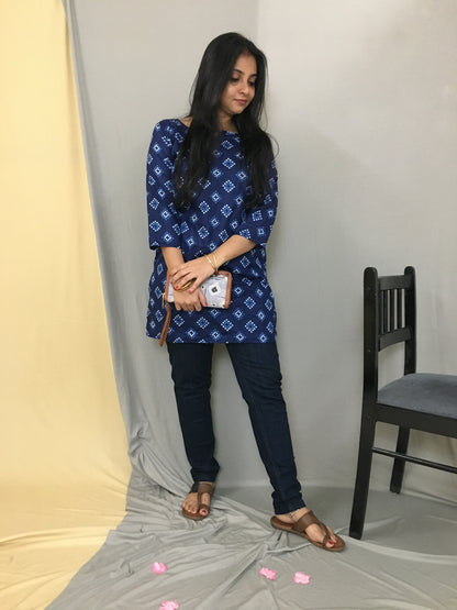 Blue Square Bandhani Short  Kurti  - Pure Cotton