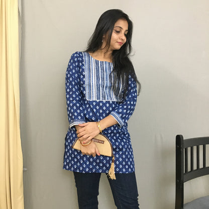Blue Flower - Dash - Short  Kurti  - Pure Cotton