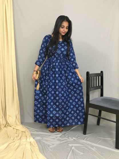 Blue Square Bandhani Print - Maternity Kurti with Feeding Zips - Cambric Cotton