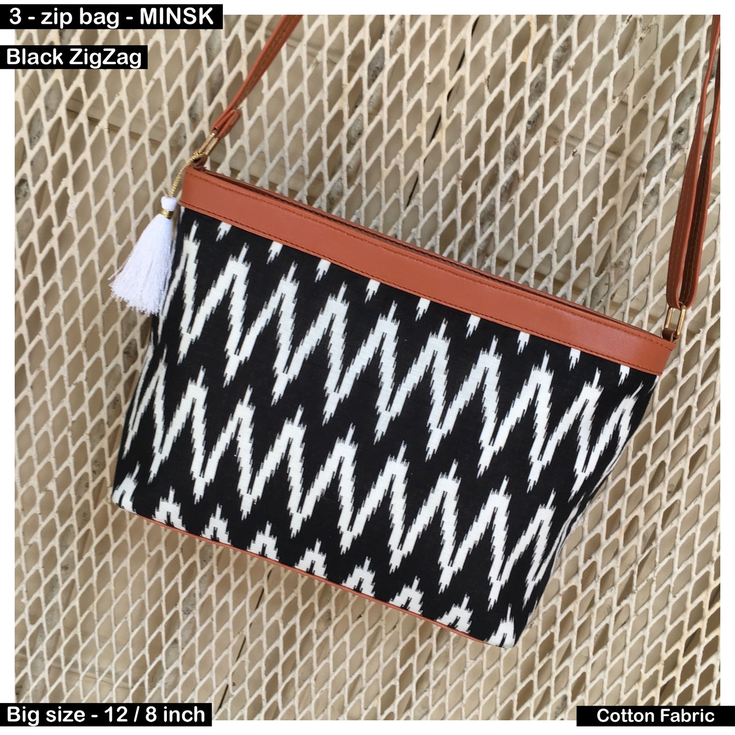 Minsk - 3 zip- Big size - Sling Bag - Black ZigZag