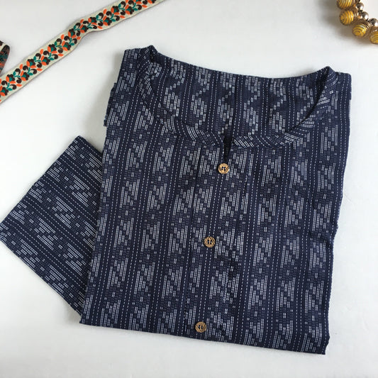 Xrtra Large Size - Katha Work  Short  Kurti  - Blue - Pure Cotton