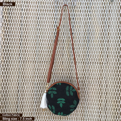 Black Leafy Prints Cute Round Sling - Small size