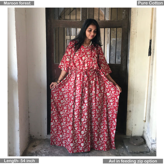 Maroon Forrest - Kaftan - Maternity - Feeding Zips - Pure Cotton - Free Size - Cotton Cambric