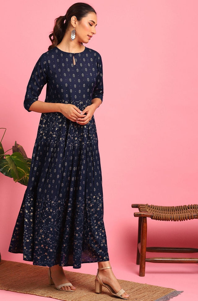 65% OFF on Libas Women Blue & Beige Ethnic Motifs Printed A-Line Maxi Dress  With Lace Detail on Myntra | PaisaWapas.com