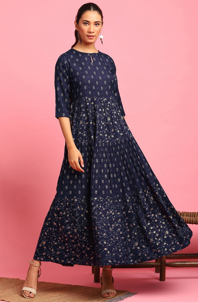 Buy Vishudh Navy Blue/Cream Printed Flared Empire Dress for Women Online at  Rs.889 - Ketch