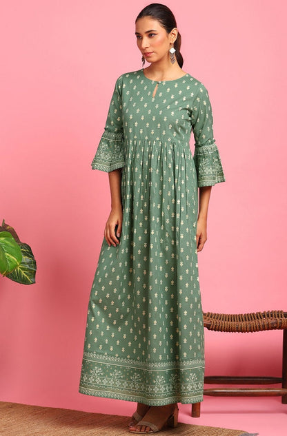 Green Cotton Flex Ethnic Dress