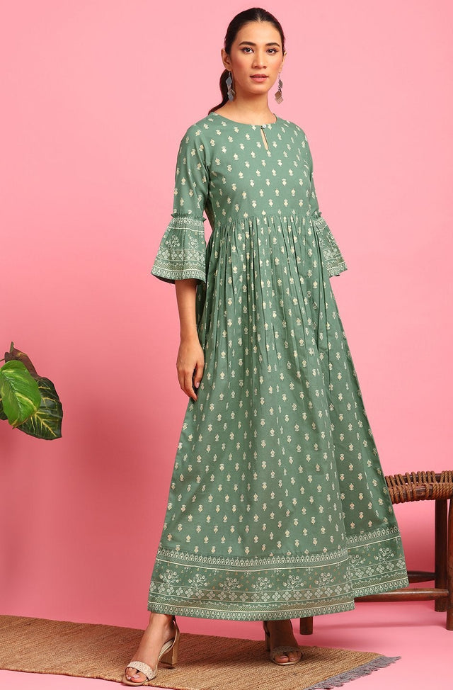 Green Cotton Flex Ethnic Dress