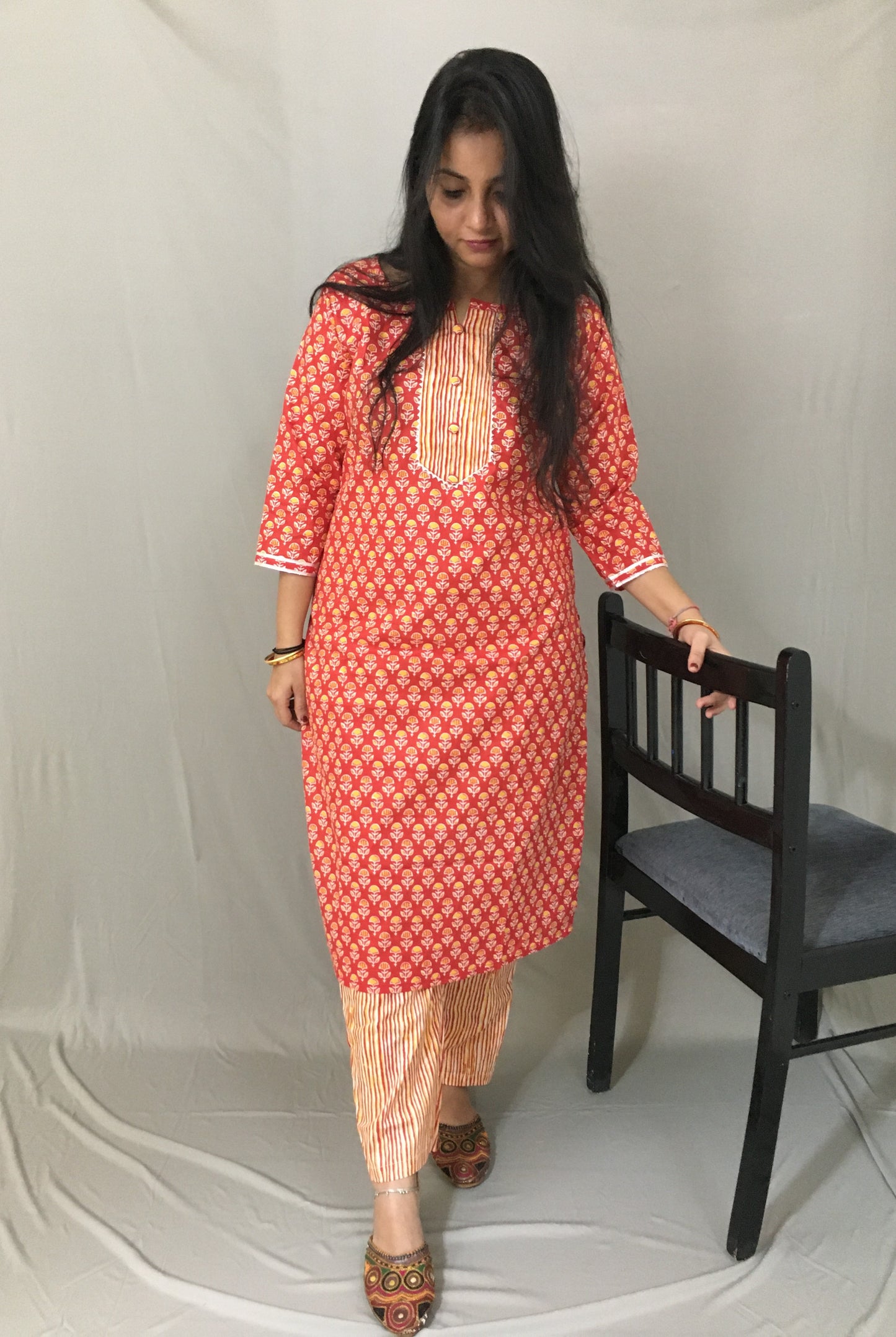 Red Flower Print Kurti Set